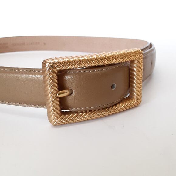 Vintage 80s Genuine Leather Belt Gold Metallic Rectangle Braided Buckle Womens M - Picture 2 of 7
